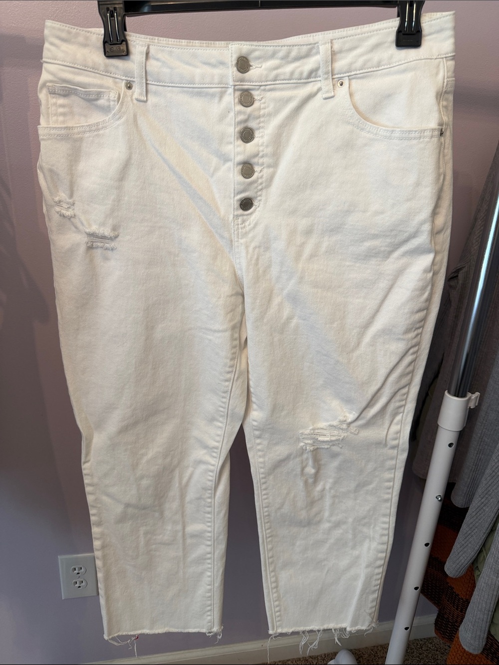 Time and Tru White Distressed Button-Fly Ankle Jeans
